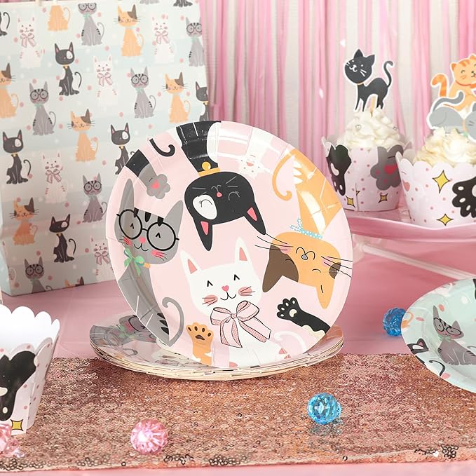 146Pcs Serves 16 Cat Theme Birthday Party Decorations Set,Kitten Disposable tableware,9in/7in Plates,Napkins,Cups,Knives,Forks,Spoons,Cupcake Toppers＆Wrappers Table Cover and Banner Party Favor.