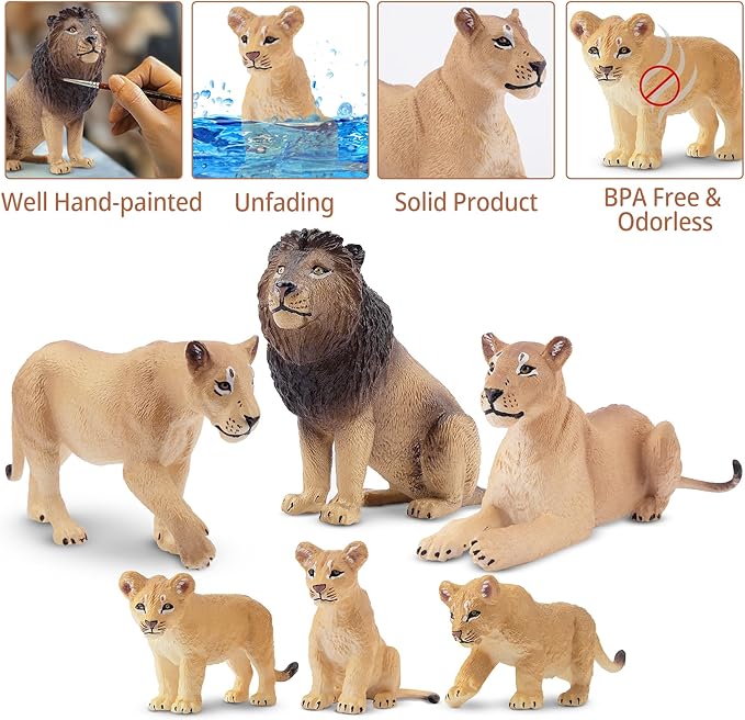 Toymany 6PCS Realistic Lion Figurines with Lion Cubs, 2-5" Wild Life Jungle Animals Figures Family Set Includes Baby Lions, Educational Toy Cake Toppers Easter Birthday Gift for Kids Toddlers