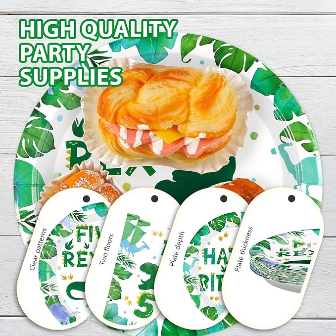 Grencian 96 Pcs Dinosaur 5th Birthday Decorations Five Rex Plates and Napkins 5 Years Old Dinosaur Party Supplies Roar I’m Five Dino Tableware Set for Boys Kids Dino Themed Party Favors Serves 24