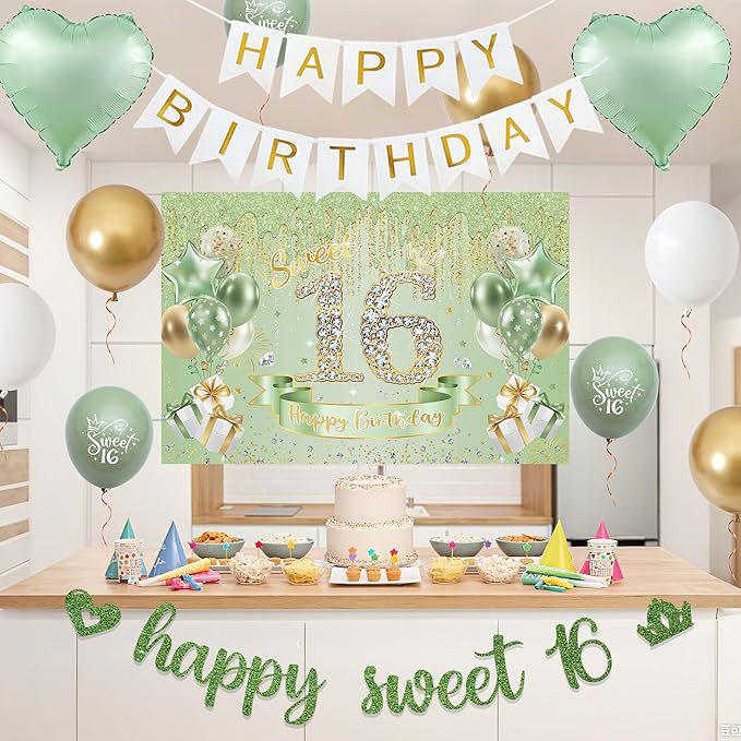 Sweet 16 Birthday Party Decorations for Girls - Sage Green 16th Happy Birthday Banner Heart Balloons Number 16, Photo Backdrop Crown Sash Party Supplies for Sixteen Years Old