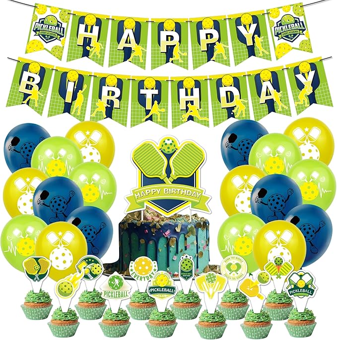 Pickleball Party Decorations Pickleball Birthday Party Supplies Includes Pickleball Birthday Banner Cake Topper Cupcake Toppers Balloons for Pickleball Birthday Decorations Party Favors