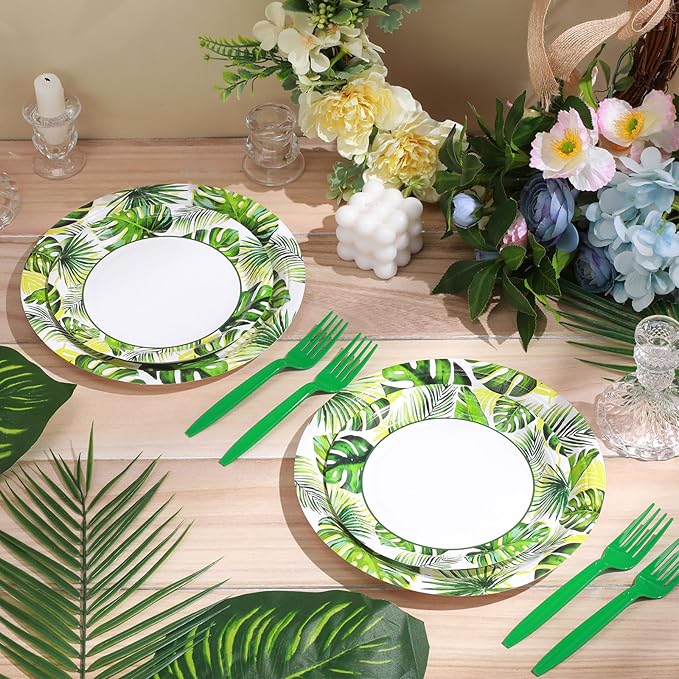180 Pcs Summer Tropical Paper Plates and Forks Tropical Party Supplies 9'' Disposable Plates 7'' Paper Snack Plates Plastic Forks for Kids Birthday Hawaiian Beach Party Decorations, Serves 60