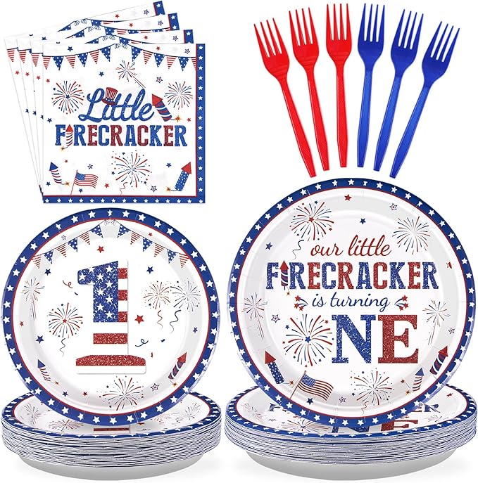 Grencian 96Pcs 4th of July 1st Birthday Party Supplies First Birthday Plates and Napkins Sets for Independence Day Patriotic Baby Shower One Year Old Decorations Serves 24