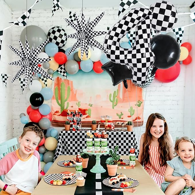 TONIFUL 40 Inch Checkered 4th Birthday Balloons Set Number 4 Race Car Black Black White Checkered Round Explosion Star Balloons Boys Race Car Themed Birthday Party Decoraction