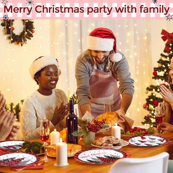 60 Pcs Red Christmas Paper Plates 9 Inch Xmas Buffalo Plaid Tree Snowflake Disposable Plates Merry Christmas Tree Themed Tableware for Holiday Xmas Winter Party Decorations Supplies