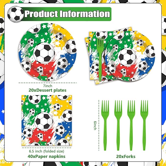 20-Guest Soccer Party Supplies Set - 80 Pcs Soccer Theme Disposable Tableware: 20 Dessert Plates, 40 Napkins (2-ply), 20 Forks - Ideal for Birthday, Match Day, Sports Celebrations