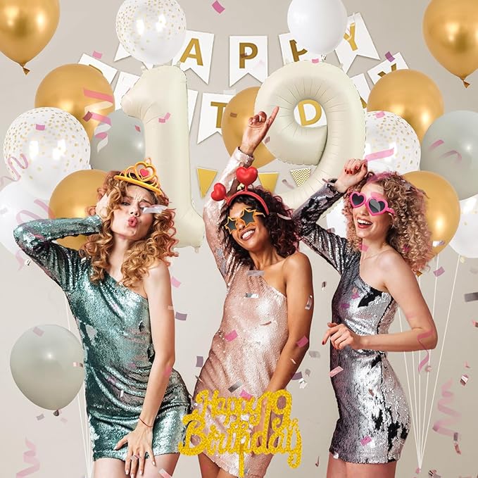 19th Birthday Party Decorations, Gold White Happy Birthday Decorations With Number 19 Balloons Beige Sand White Latex Balloon Champagne Fringe Curtain Cake Topper Banner For 19th Party Supplies