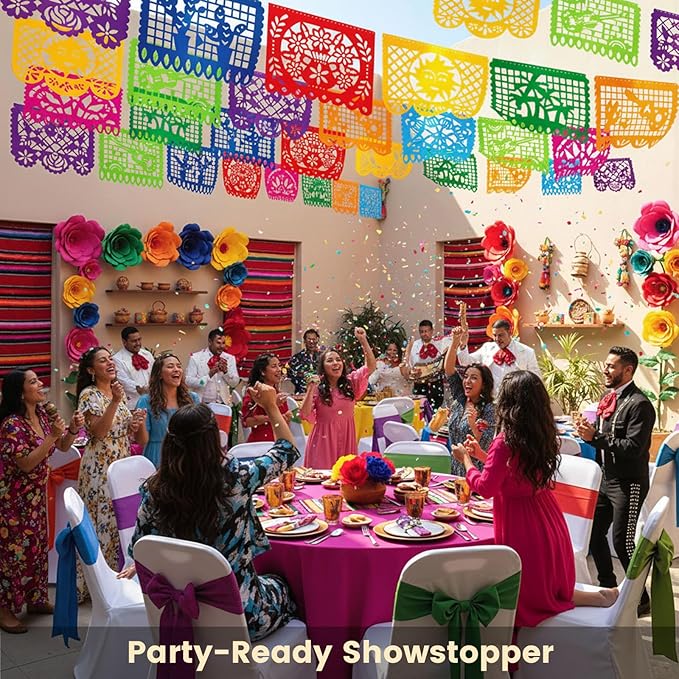 DomeStar 5PCS Mexican Party Banners, 18 Feet Plastic Fiesta Banner Cinco de Mayo Dia De Los Muertos Decor Day of the Dead Papel Picado for Mexican Party Supplies
