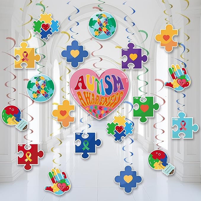 38pcs Autism Awareness Hanging Swirl Decorations, Autism Awareness Puzzle Piece Hanging Swirls for Home Party Wall Decoration, April Festival Party Supplies