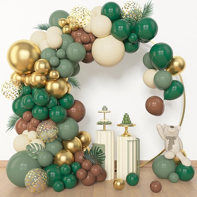 Amandir 153pcs Green Brown Balloon Garland Arch Kit, Different Sizes 18 12 10 5 inch Sage Green Ivory Gold Latex Metallic Confetti Balloon for Safari Jungle Wild One Woodland Tropical Party Decoration