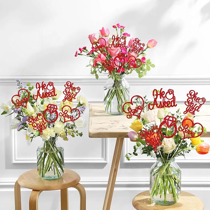 Gyufise 12Pcs He Asked She Said Yes Centerpiece Sticks Double Sided Glitter Diamond Ring Heart Love Table Centerpiece Sticks for Wedding Engagement Party Supplies Red