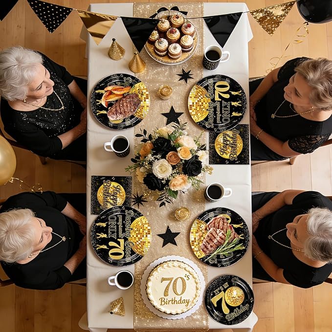 96Pcs Happy 70th Birthday Party Supplies Dancing Queen Young and Sweet Only 70 Plates and Napkins Disco Black Gold Tableware Set for Queen Women Cheers to 70 Years Party Supplies, Serves 24