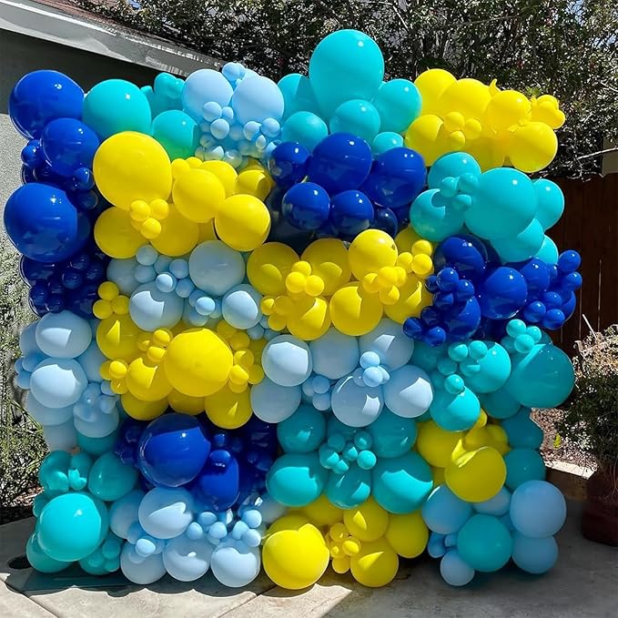 Yellow Blue Clear Balloons 12 Inch 60 Pcs Blue Cartoon Balloon Teal Blue and Yellow Party Latex Balloons Transparent for Kids Birthday Ocean Baby Shower Party Decorations