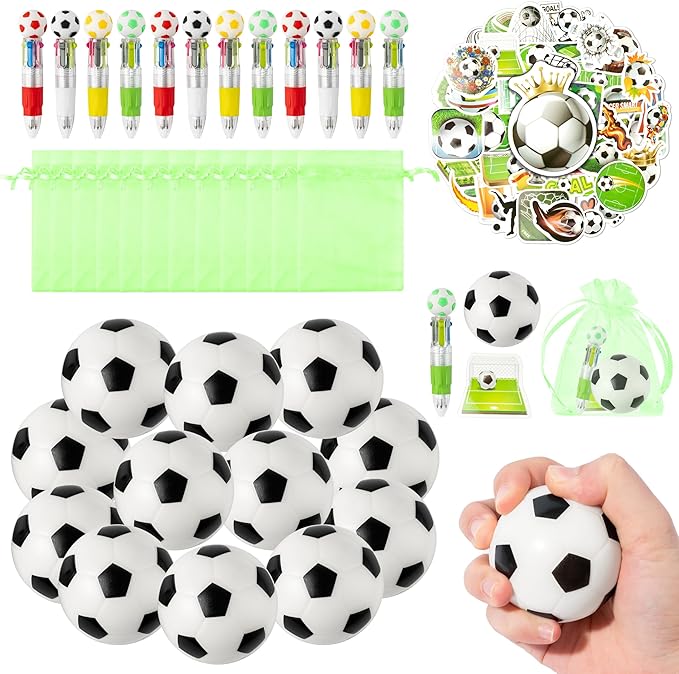 CY2SIDE 12 Pack Soccer Squeeze Toy Party Favor Gift Set with Ballpoint Pen Sticker and Organza Bag 2.5’’ Soccer Foam Stress Ball Classroom Prize for Kid Sport Lover Birthday Goodies Bag Stuffer
