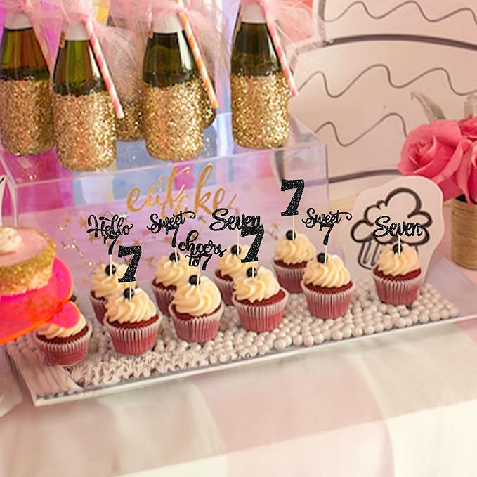 30Pcs 7th Birthday Cupcake Toppers Glitter Seven Happy 7 Cupcake Picks Cheers to 7 Years Old Cake Decorations for 7th Birthday Party Supplies Black