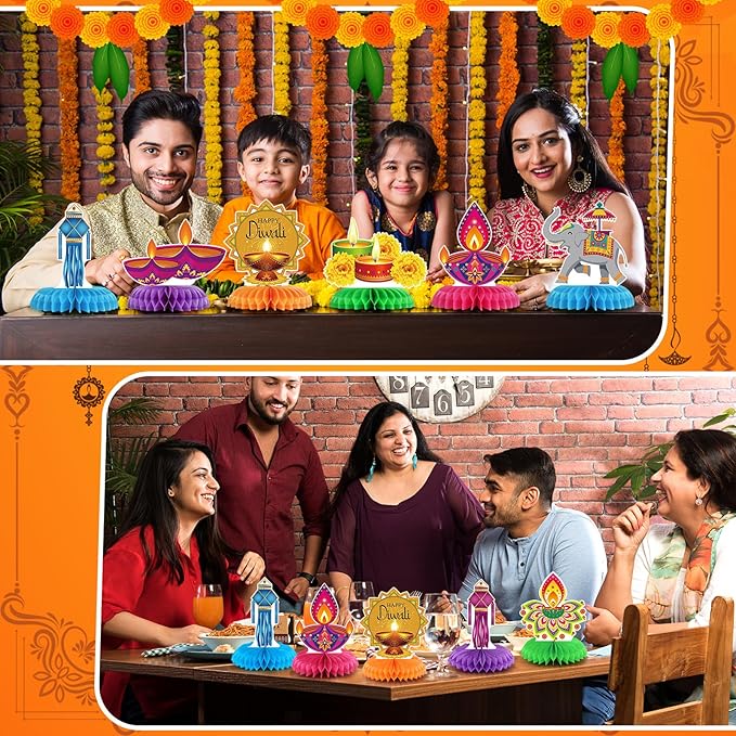 12 Pcs Diwali Party Decorations Honeycomb Centerpieces Happy Diwali Table Decoration Elephants Marigold Candlestick Indian Hindu Lights Table Topper for Indian Party Favors Supplies