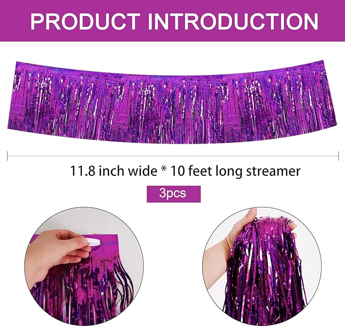 BEISHIDA 3 Packs Metallic Foil Fringe Garland Laser Purple Wall Hanging Tinsel Fringe Banners for Car Floats Bridal Shower Wedding Birthday Easter Graduation Holiday Party Decoration(30 Feet)