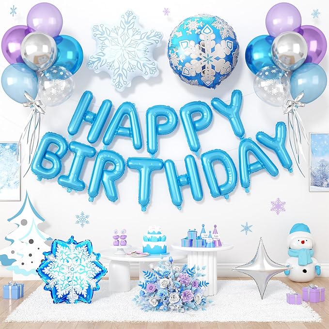 29PC Blue Winter Happy Birthday Balloon Banner, 16Inch 3D Aluminum Letter Banner Sign, White Metallic Blue Silver Snow Balloons 18 Inch Snowflake Foil Balloon for Frozen Party Decorations