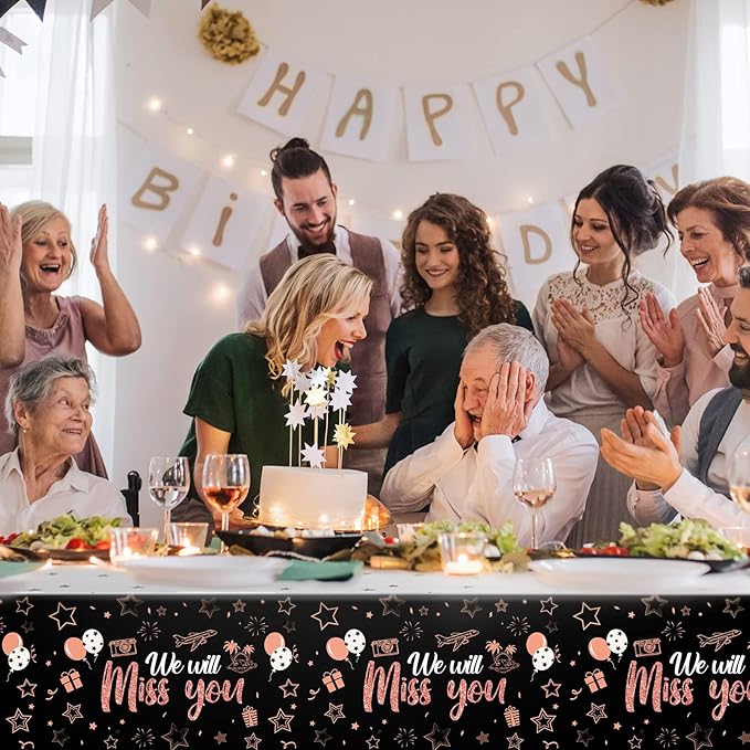 Tatuo 3 Pieces We Will Miss You Tablecloth Going Away Party Decorations Retirement Themed Table Cover Stars Disposable Plastic Table Cloth for Farewell Anniversary Party Supplies (Rose)