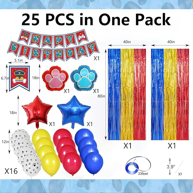 Paw Birthday Decorations, including 2Pack Gold Red Blue Tinsel Foil Fringe Curtains 3.3 x 6.6ft, 1Pack Dog Patrol Themed Birthday Banner & 22pcs Balloons for Paw Birthday Party Photo Props Backdrop