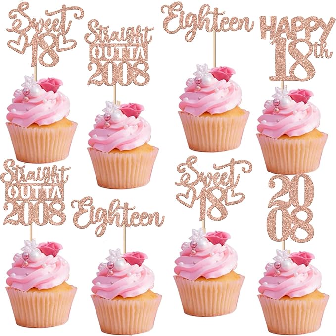 30PCS 18th Birthday Cupcake Toppers Glitter Eighteen Happy 18th Straight Outta 2008 Cupcake Picks for Cheers to 18 Years Birthday Wedding Anniversary Party Decoration Supplies Rose Gold