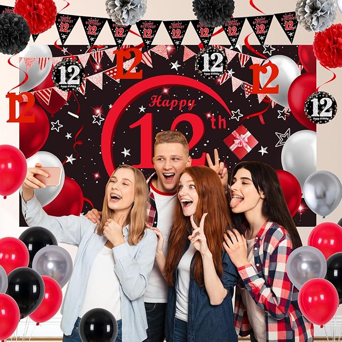 12th Birthday Decorations for Boys Girls, Red Black Happy 12th Birthday Decorations, 12 Birthday Backdrop Banner Tablecloth Triangle Flag Balloons, 12 Year Old Boy Girl Bday Party Supplies
