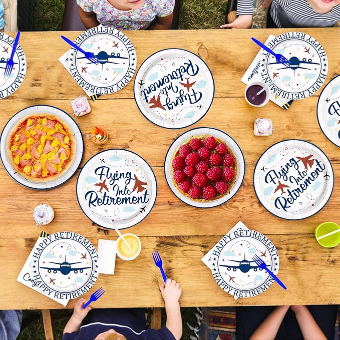96Pcs Flying into Retirement Party Decorations Pilot Happy Retirement Plates and Napkins Sets Blue Airplane Retired Pilot Decoration for Men Airplane Congratulations Retired Party Supplies Serves 24
