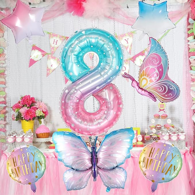 Butterfly Balloons - 8th Birthday Decorations for Girls, Gradient Pink Colorful Foil Balloons, Giant Number 8 Foil Mylar Balloon, Butterfly Theme Party Supplies