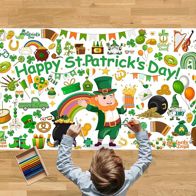 Tbsone St. Patrick’s Day Coloring Tablecloth, 72×30 Inch Paper Table Cover, DIY Poster Craft Activity for Party Decorations