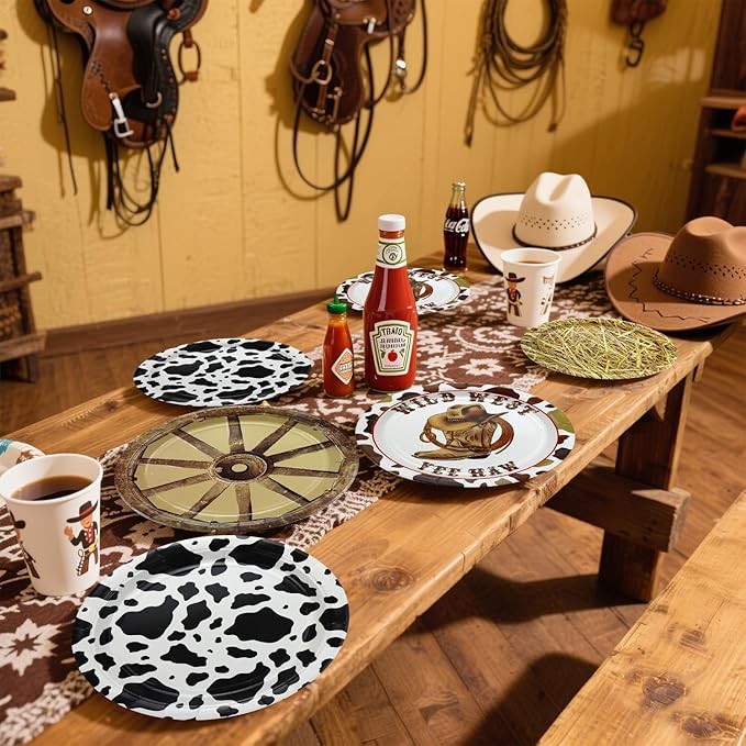 60 Pcs Western Cowboy Party Plates, 9'' Wild West Theme Print Plates for Cowboy Baby Shower Decorations Western Party Decorations