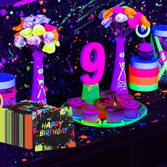 100Pcs Let’s Glow Party Napkins, 13 x 13 Inches Glow in The Dark Paper Napkins, Black Light Neon Paint Party Napkins for Lets Glow Crazy Party Neon Fluorescent Birthday Party Decorations