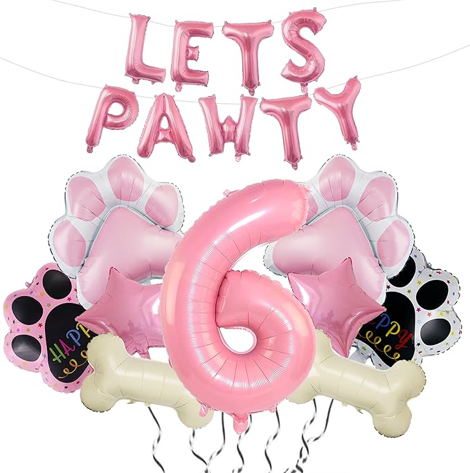 6th Dog Balloons 18pcs Lets Pawty Balloons Dog Paw Birthday Decor Pink 32 inch Pink Number Balloons 6 Mylar Foil Balloons for Lets Pawty Birthday Decorations Dog 6th Birthday Party Supplies