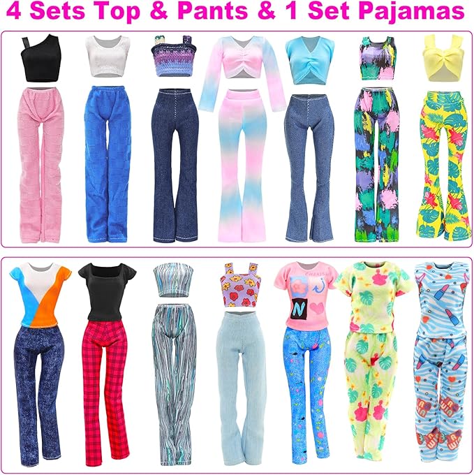 BARWA 30 PCS Doll Clothes and Accessories Casual Sport Sweet Outfits Pajamas Top and Pants Shorts High Heel Flat Shoes for 11.5 Inch Girl Doll