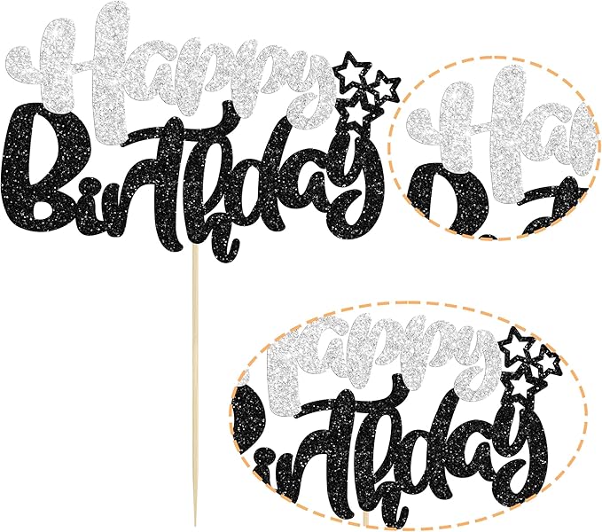 Ephlyn 1Pcs Happy Birthday Cake Topper Glitter Cake Pick for Celebrating Anniversary Theme Party Cake Decorations Supplies Black and Silver