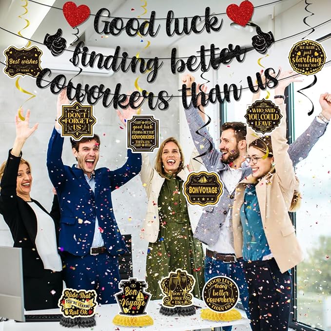 Going Away Party Decorations Include Good Luck Finding Better Coworkers Than Us Banners Hanging Swirls Honeycomb Centerpieces Farewell Theme Party Supplies