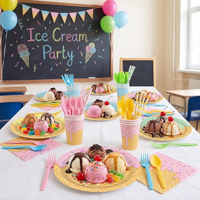 450 Pcs Ice Cream Tableware Set Decorations Summer Ice Cream Cone Paper Plates Napkins Cups Cutlery Straws for Sweet One Birthday Baby Shower Party Supplies, Serves 50