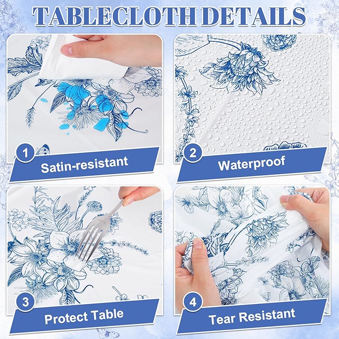 6 Pack Blue Floral Tablecloth, 54 X 108Inch Plastic Tea Party Tablecloths Disposable Vintsage Table Cloths Blue and White Porcelain Tables Decor for Mother's Day Birthday Garden Wedding Tea Party