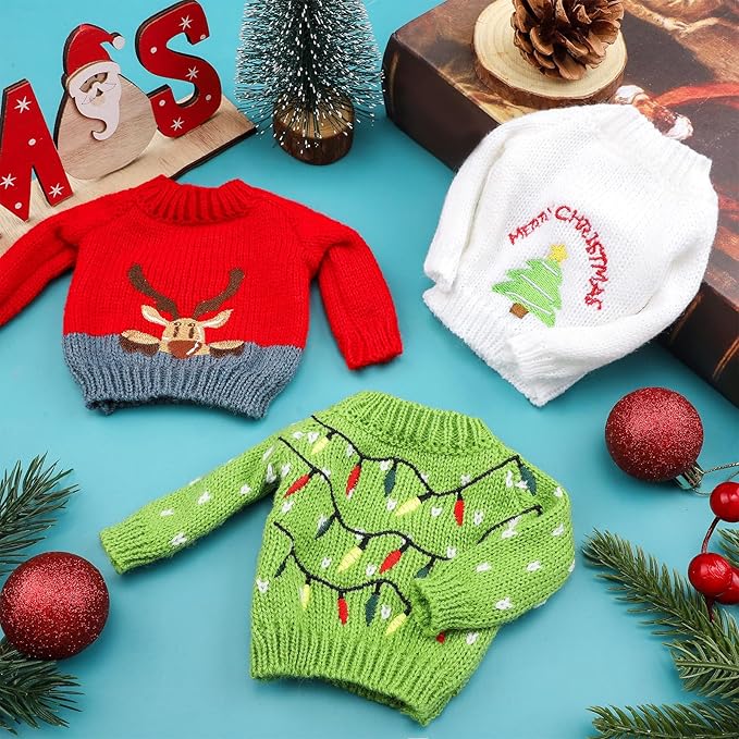 Aoriher 3 Pcs Christmas Doll Clothes Christmas Accessories Outfit Small Sweater Set Knitted Clothing Elk Xmas Santa Tree Snowflake Xmas Doll Accessories(Cute Style)