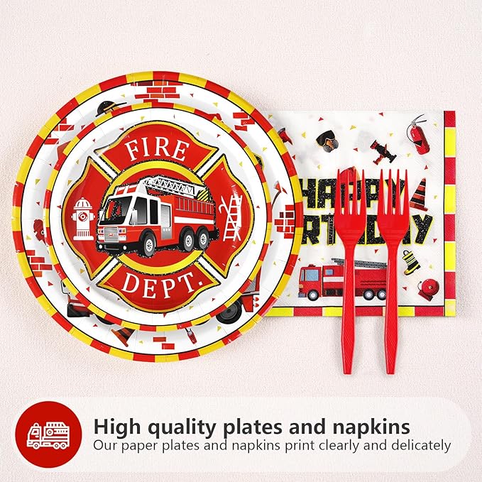 96Pcs Fire Truck 3rd Birthday Decorations Firefighter 3rd Birthday Plates and Napkins Tableware Sets Sound the Alarm Party Decorations for Boys Firetruck Fireman 3 Years Old Party Supplies Serve 24