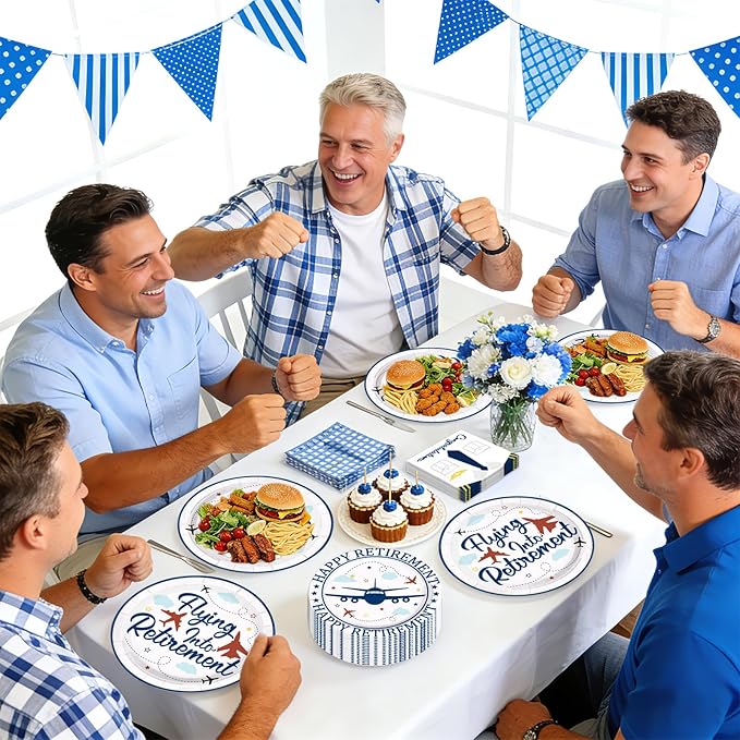 96Pcs Flying into Retirement Party Decorations Pilot Happy Retirement Plates and Napkins Sets Blue Airplane Retired Pilot Decoration for Men Airplane Congratulations Retired Party Supplies Serves 24