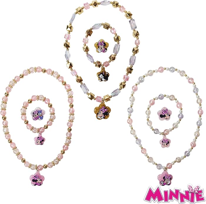 LUV HER Disney Minnie Girls Jewelry Set - Dress up Toy Jewelry Box Sets with Bead Necklace, Bead Bracelet and Ring - Play Accessories - Ages 3+