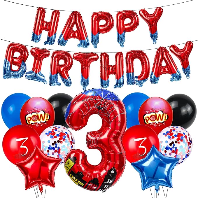 Cartoon Hero 40 Inch Red and Blue Spider Theme Number Foil Birthday Decoration Balloon, Spider Theme Happy Birthday Banner Party Decoration Balloon, Letter Logo Superhero Party Supplies (3)