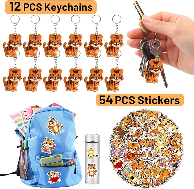 102 PCS Tiger Party Favors, Tiger Temporary Tattoos Slap Bracelets Keychains Stickers Badges for Jungle Safari Tiger Party Favors Birthday Party Decorations Supplies Gifts for Classroom Rewards