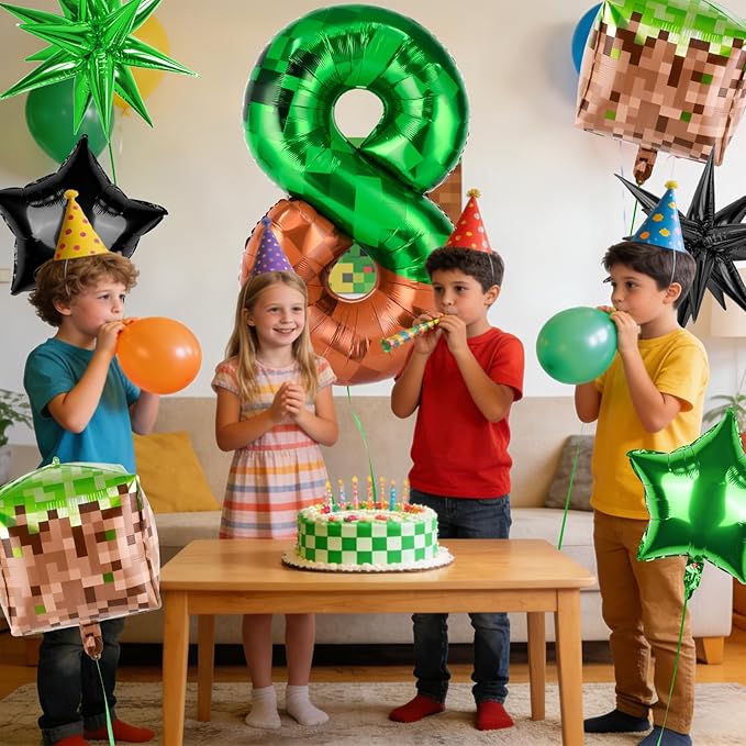 40 Inch Green Pixel Miner Number 8 Balloon Set, 7Pcs MIning Large Foil Balloon Video Game Themed Party Party Decorations for Kids' Anniversary Balloon Party Supplies Supplies