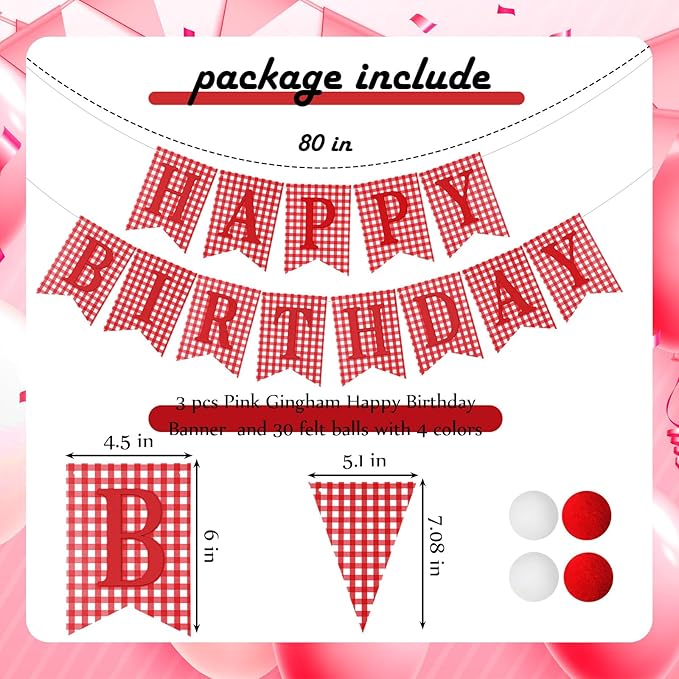 Set of 4 Red Gingham Happy Birthday Banner Plaid Checkered Pennant Banner Decorations Felt Ball Happy 1st Birthday Garland for Gingham Party Supplies