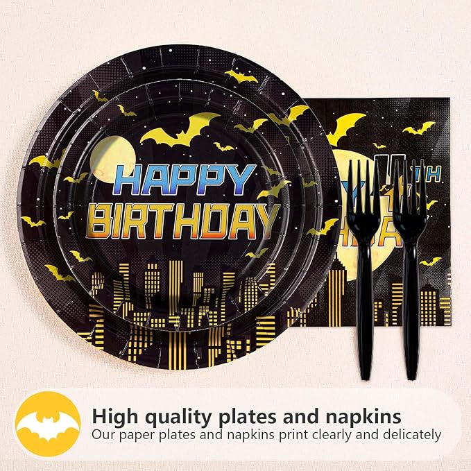 96Pcs Bat 4th Birthday Party Decorations Black Yellow Cartoon Bat Hero Paper Plates and Napkins Set Bats Fourth Birthday Decoration for Boys 4 Years Old Super Theme Hero Bats Party Supplies Serves 24