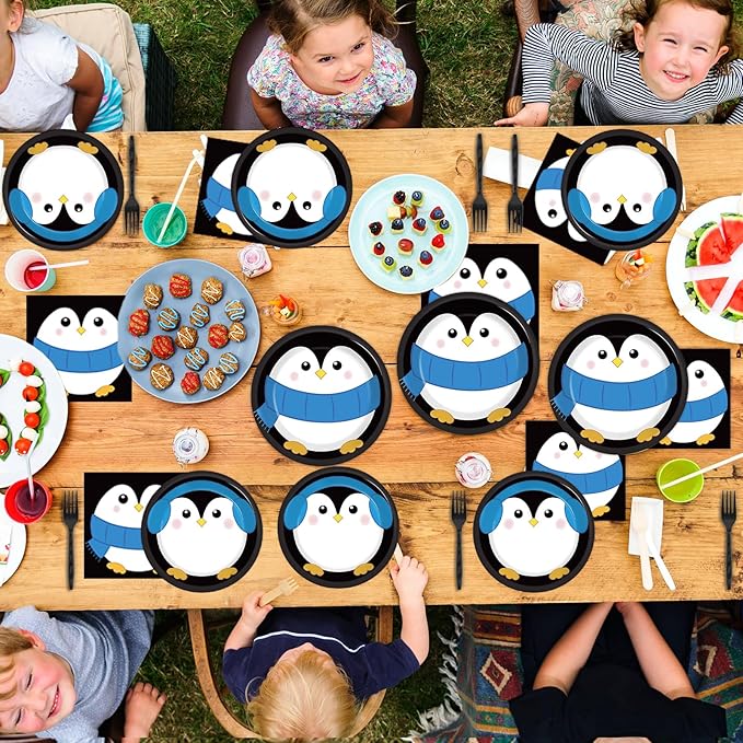 96 Pcs Penguin Birthday Party Supplies Paper Plates Napkins Winter Penguin Themed Party Winter Christmas Holiday Birthday Xmas Tableware Decorations Favors for Kids Serves 24