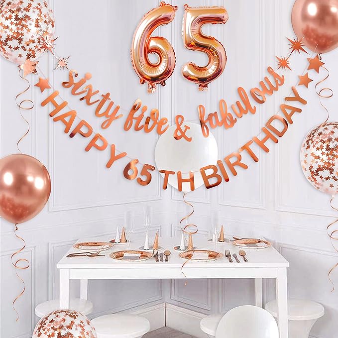 Rose Gold Sixty Five Fabulous Happy 65th Birthday Banner Garland Foil Balloon 65 for Women's 65th Decorations Hanging Cheers to 65 Years Old Party Supplies Backdrop