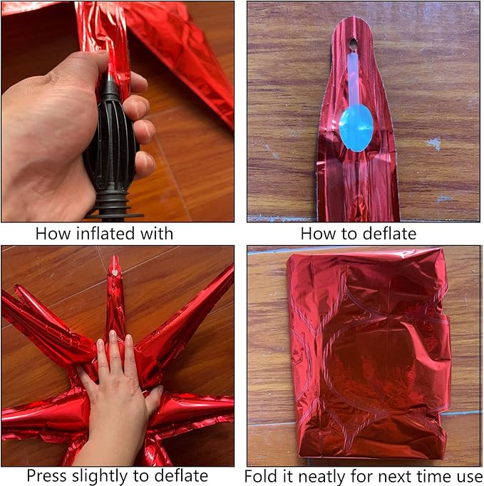 6 Pcs Red Star Foil Balloons One-Piece 14-Pointed Star Balloon 4D Cone Mylar 22inch Christmas Birthday Wedding Fireworks Shape Party Supplies (Red)