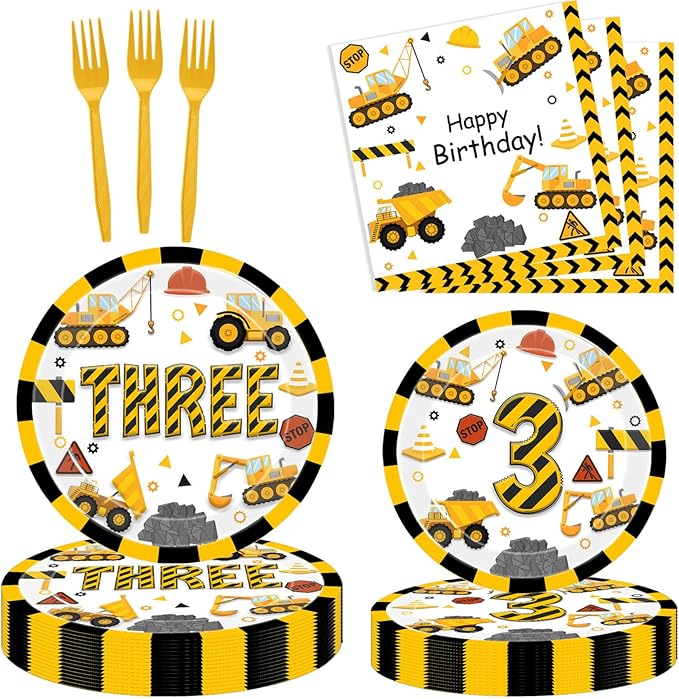 Construction 3rd Birthday Plates Construction Three Years Old Disposable Paper Dinner Plates Dinnerware for Dump Truck Theme 3rd Birthday Party Supplies Decorations